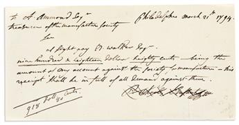 LENFANT, PIERRE CHARLES. Autograph Document Signed, P. Charles LEnfant, ordering the Treasurer of the Manufacture Society [Societ